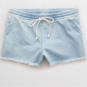 Aerie Pull on Denim Frayed Hem Shorts Light Blue Denim Small
